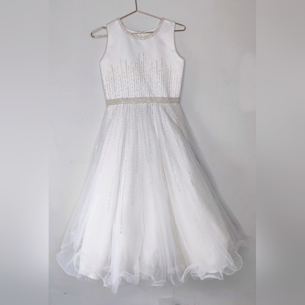 Joan Calabrese White Beaded Tulle Communion Flower Girl Dress Sz 12 Formal Fancy